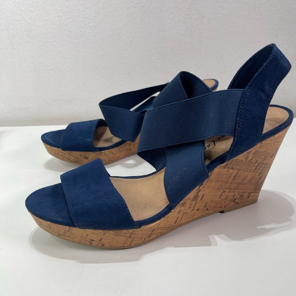 American Eagle Women 9 Wedge Cork  Sandals Blue Heel Criss Cross Elastic Strap